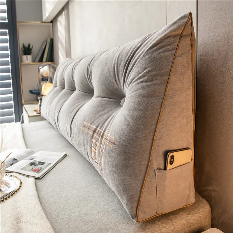 Graues Keilkissen mit Taschen, Bettkopfstütze, modernes Design, bequem, Schlafzimmer-Dekor.