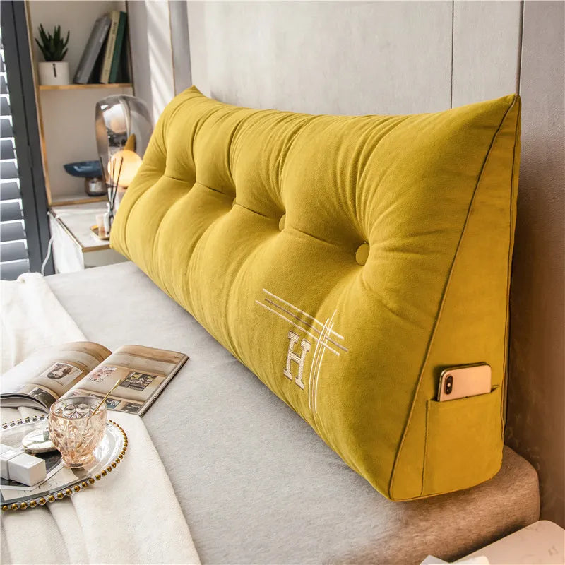 Gelbes Keilkissen mit Taschen, Bettkopfstütze, Samt, bequem, modern, Schlafzimmer-Dekor.