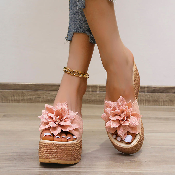 Damen Plateau Sandalen Rosa mit Blumen, Sommermode, Keilabsatz, Freizeit, bequem, elegant