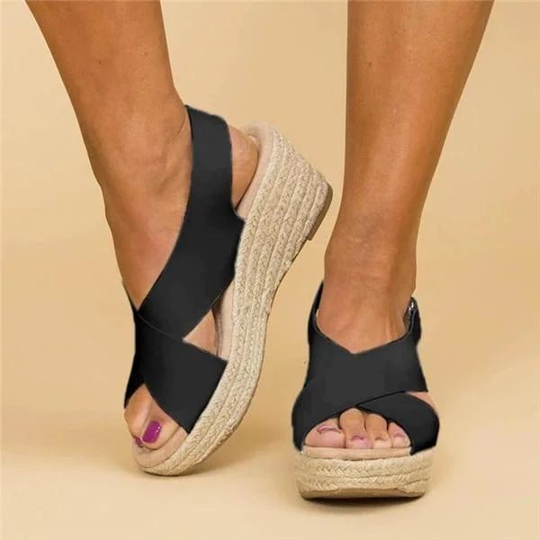 Damen Sandalen Keilabsatz Schwarz, Sommermode, Bequeme Schuhe, Freizeit, Strand, Elegant