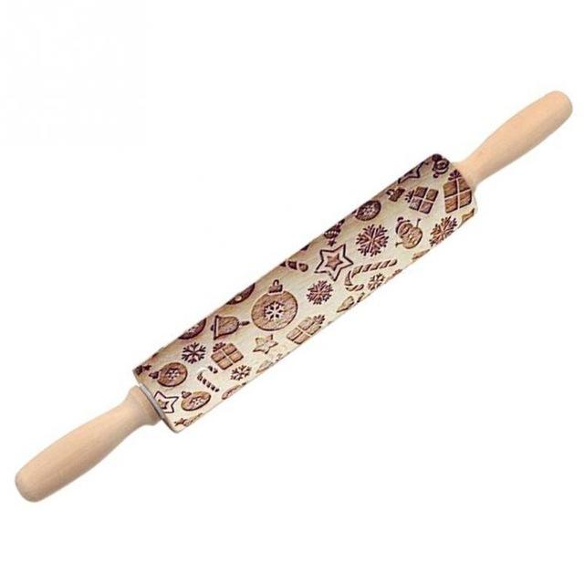 Holz-Teigroller mit weihnachtlichen Prägungen, ideal für Plätzchen, Backzubehör.