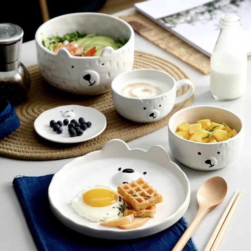 Keramik-Geschirrset mit Eisbär-Design, Teller, Schale, Tasse, weiß, Frühstücksset, modern.