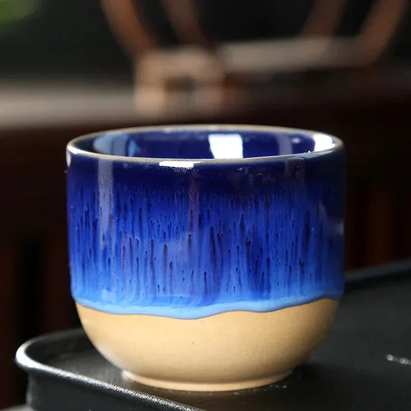 Blaue Keramik-Teetasse, handgefertigt, Porzellan, Kung Fu Stil, Geschenk, Tischgeschirr.