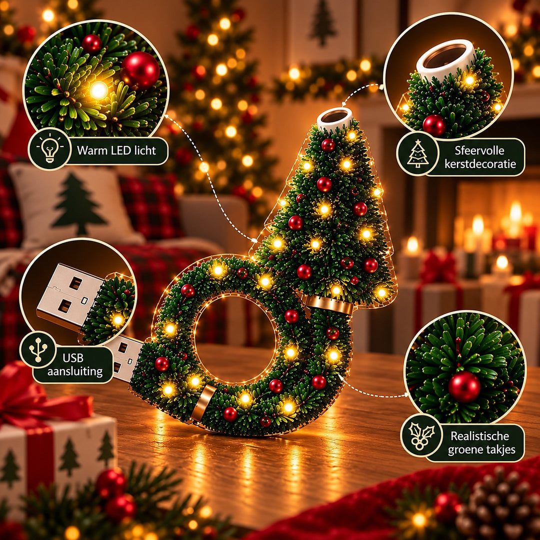 Detailní záběr lampy s výřezy teplých LED diod, USB konektoru, projekční čočky na špičce stromku a zelených větviček s kuličkami. 8