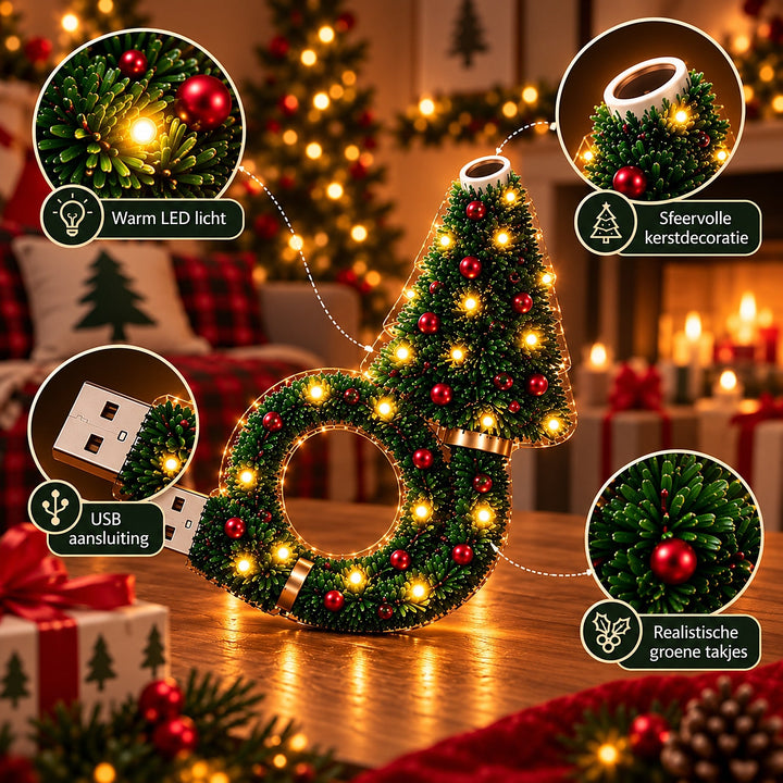 Detailní záběr lampy s výřezy teplých LED diod, USB konektoru, projekční čočky na špičce stromku a zelených větviček s kuličkami. 8