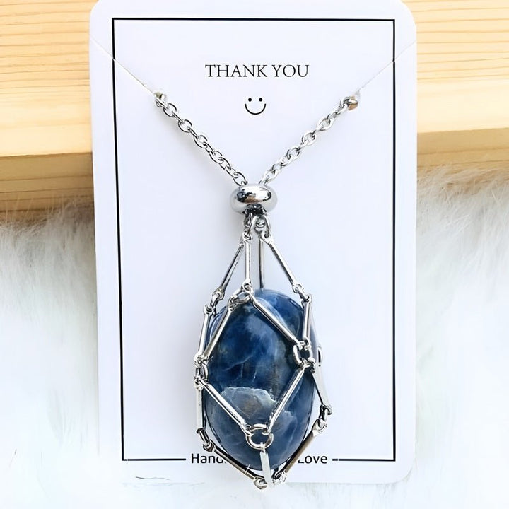 Silberkette mit blauem Edelstein-Anhänger, handgefertigt, Geschenkverpackung, Schmuck.