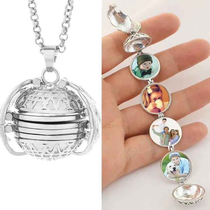 Silberne Medaillon-Halskette mit personalisierbaren Fotofächern, Geschenkidee, Schmuck.