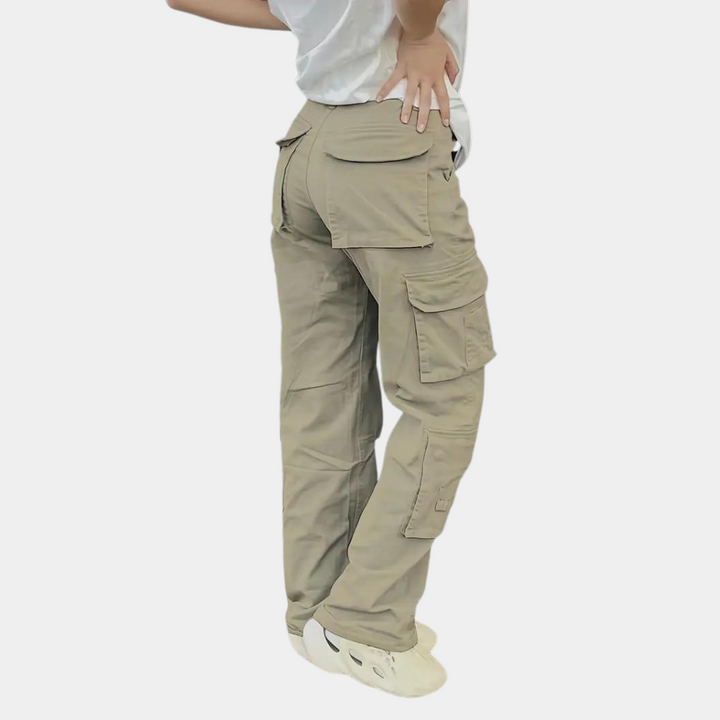 Khaki Cargo-Hose für Damen, lässig, mit Seitentaschen, ideal für Outdoor-Aktivitäten.