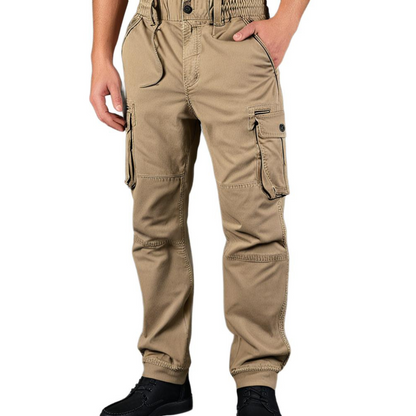 Khaki Cargohose für Herren, elastischer Bund, Seitentaschen, Freizeitmode, Baumwolle.