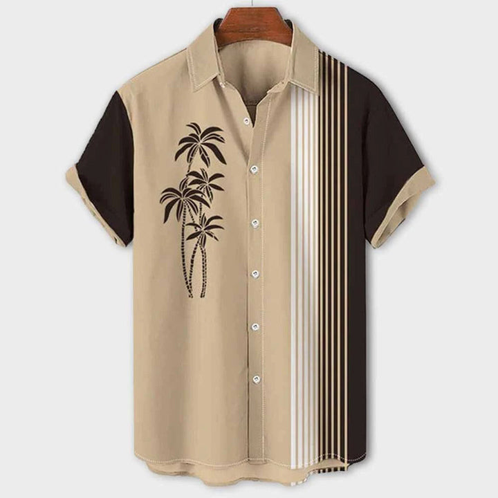 Khaki Herrenhemd mit Palmenmuster, Kurzarm, Knopfleiste, Freizeitmode, Baumwolle.
