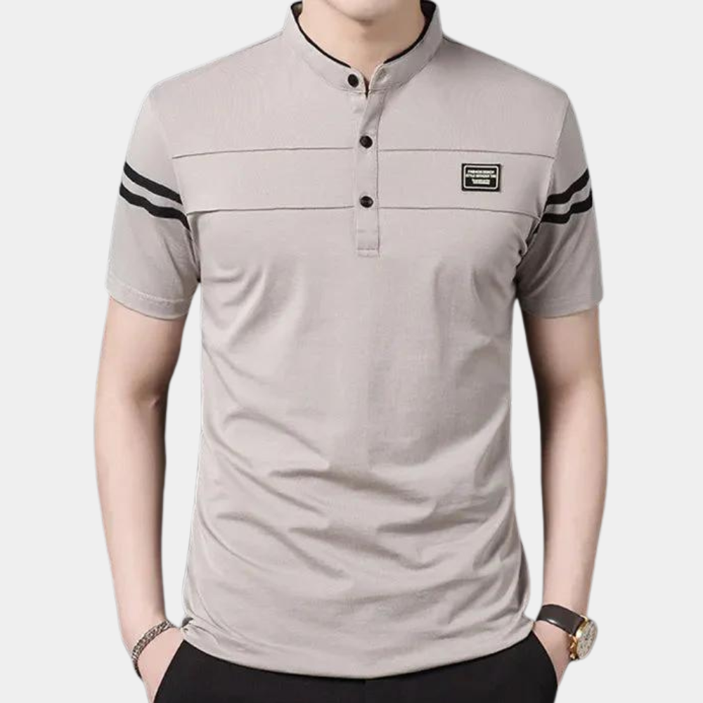 Khaki Herren-Poloshirt mit Knopfleiste, Kurzarm, gestreifte Ärmel, modisch, bequem.