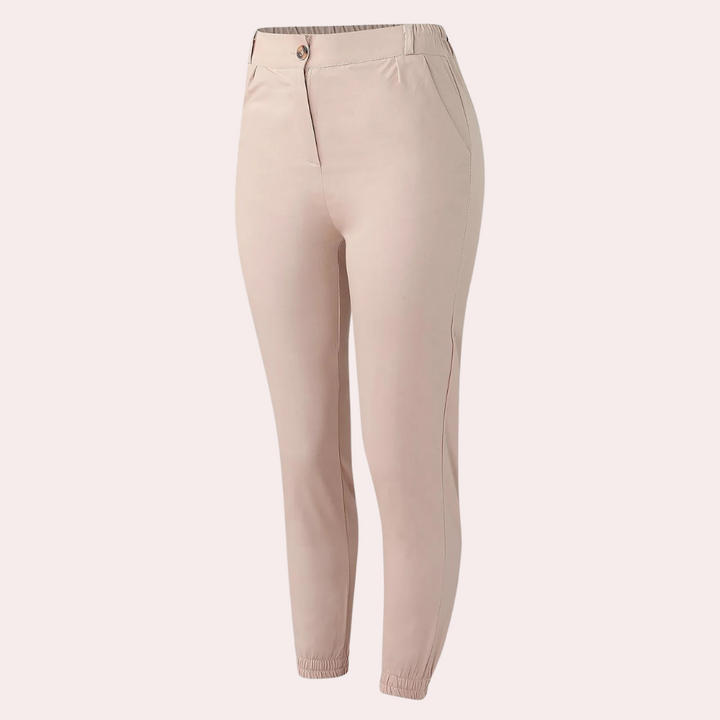 Khakifarbene Damenhose, elastischer Bund, schmal geschnitten, modisch, bequem, Alltagskleidung.