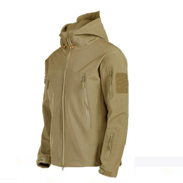 Khaki Jacke, taktisch, elastisch, Winter Herbst, mit Kapuze, Reißverschlusstaschen, Herrenmode.