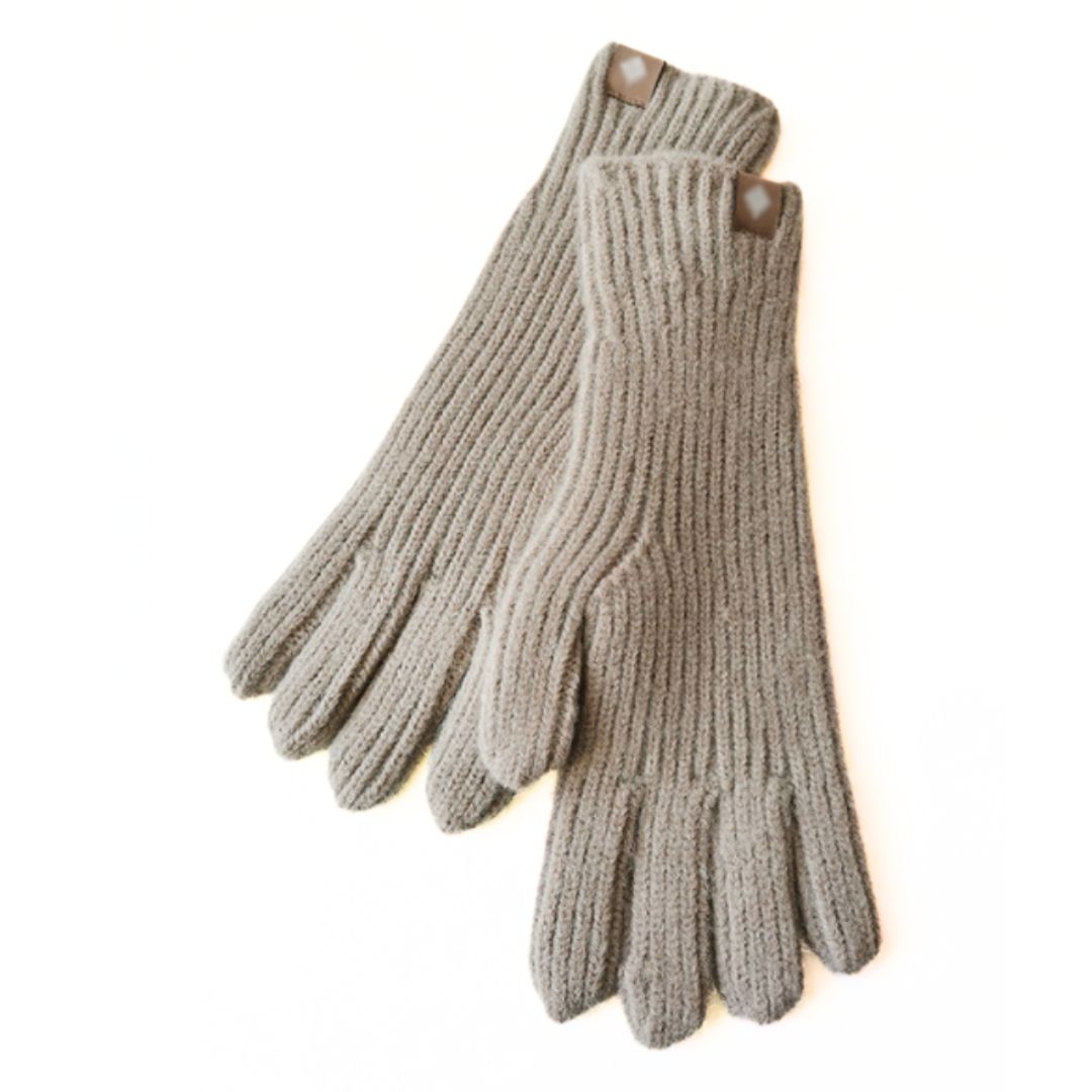 Khaki Strickhandschuhe aus Wolle, warm, geripptes Design, ideal für Winterkleidung.