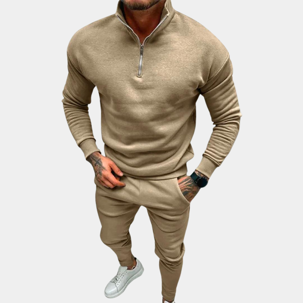 Khaki Herren-Trainingsanzug mit Reißverschluss, sportlich, bequem, modisch, Freizeitkleidung.