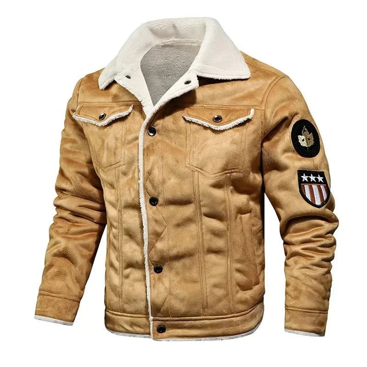 Khaki Herrenjacke mit Abzeichen, Kunstleder, Sherpa-Kragen, modisch, warm, Herbstmode.