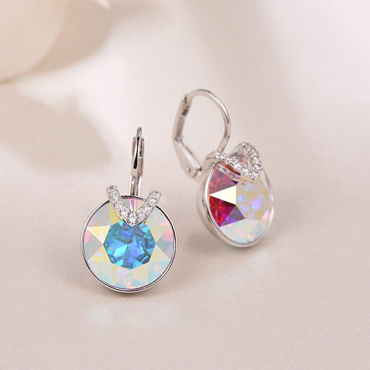 Ohrringe mit bunten Kristallen, silberne Fassung, elegantes Design, Schmuck für Damen