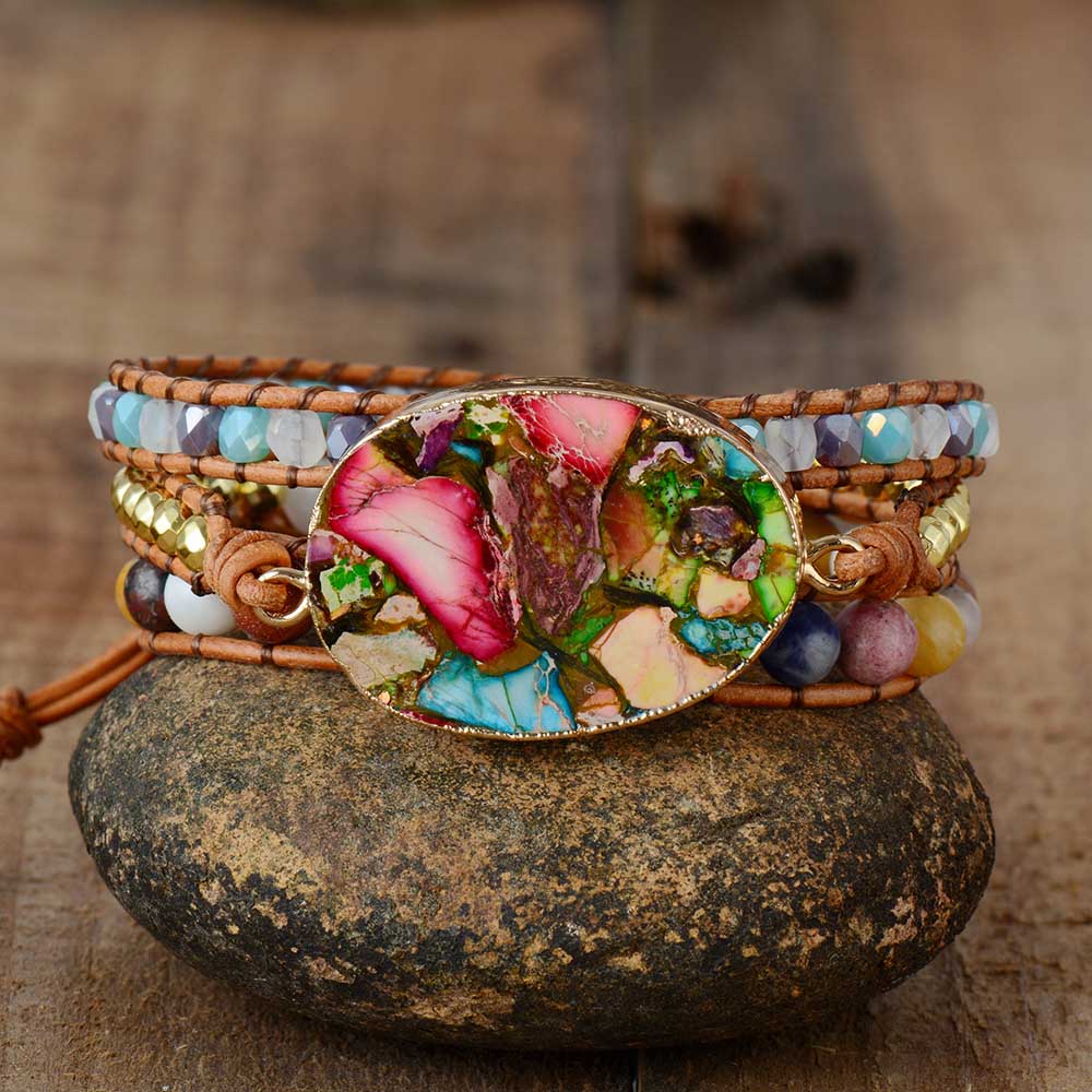 Damen Wickelarmband, Naturstein, Leder, 3-lagig, bunt, handgefertigt, modisch, Geschenkidee.