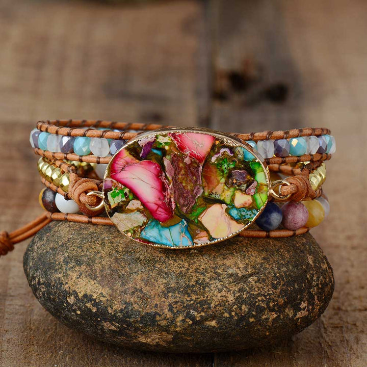 Damen Wickelarmband, Naturstein, Leder, 3-lagig, bunt, handgefertigt, modisch, Geschenkidee.
