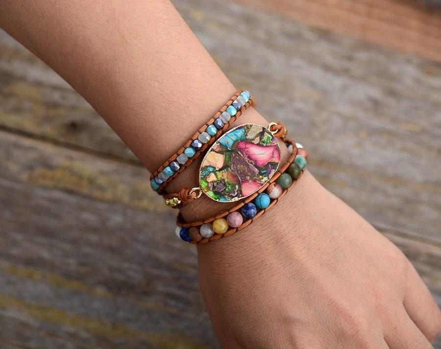 Damen Wickelarmband, Naturstein, Leder, mehrlagig, bunt, modisch, Geschenkideen, Schmuck.