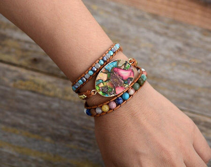 Damen Wickelarmband, Naturstein, Leder, mehrlagig, bunt, modisch, Geschenkideen, Schmuck.