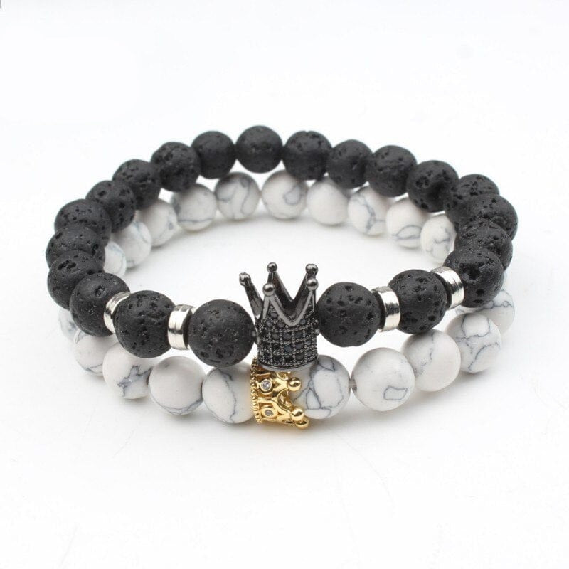 Schwarzes und weißes Perlenarmband-Set mit Krone, Obsidian, Howlith, Geschenkidee, Partnerarmband.
