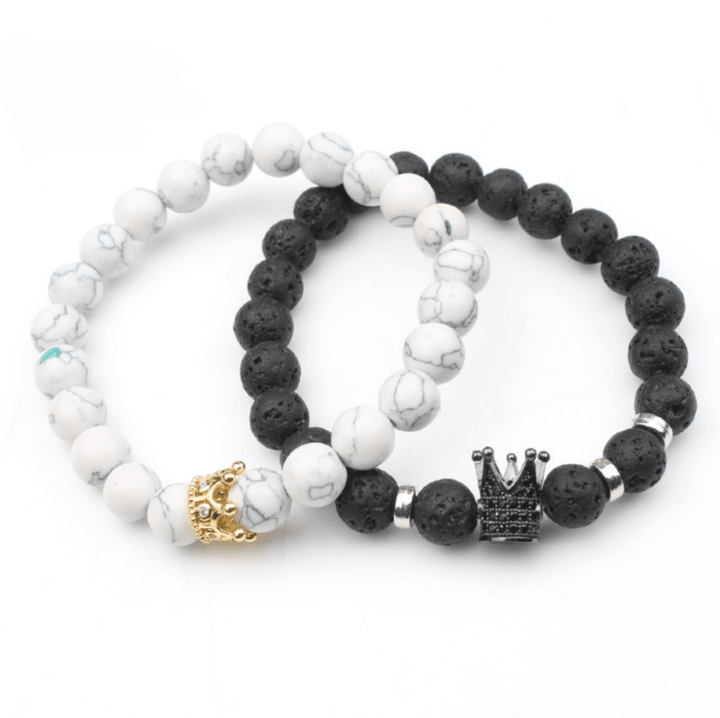 Schwarzes und weißes Partnerarmband-Set mit Krone, Obsidian und Howlith, Geschenkidee.