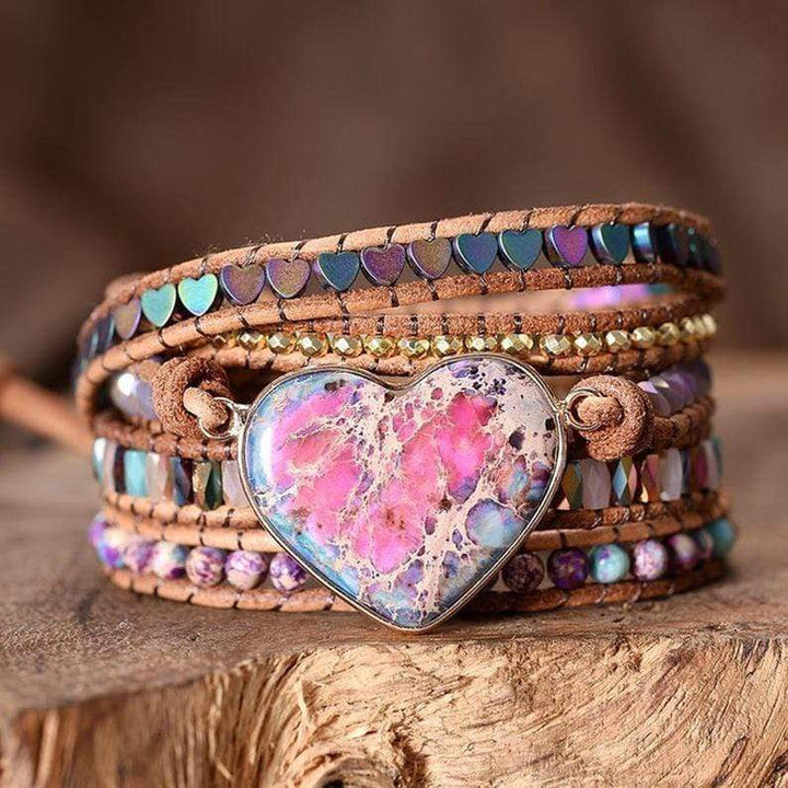 Boho Wickelarmband mit Herzanhänger, Jaspis, handgemacht, mehrfarbig, Leder, Damen Schmuck.