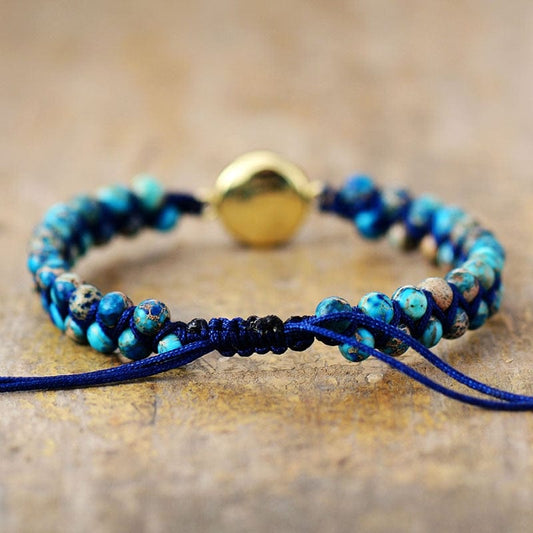 Blaues Meeres-Opal-Armband mit goldener Perle, handgefertigt, verstellbar, Schmuck für Damen.