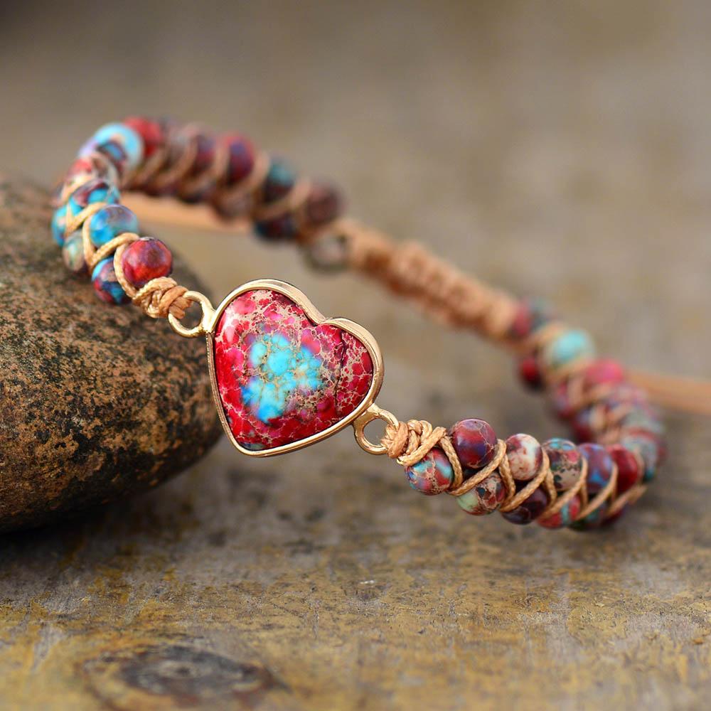 Herzarmband aus Naturstein, Makramee, rot-blau, Freundschaftsarmband, Damen-Schmuck.