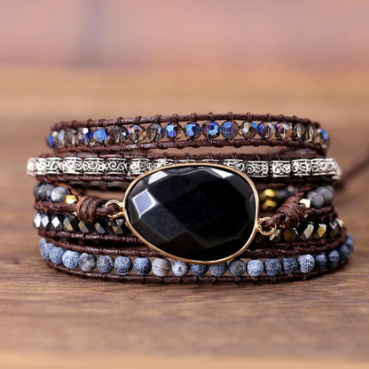 Handgemachtes Wickelarmband, Onyx, braunes Leder, Boho-Stil, Schmuck für Damen.