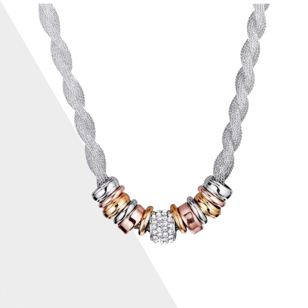 Verflochtene Mode-Halskette, silber, roségold, mit Zierperlen, elegantes Schmuckdesign.