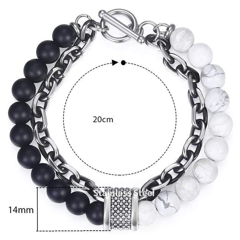 Tigerauge Armband, Edelstahl, 20cm, schwarze und weiße Perlen, Schmuck für Herren.