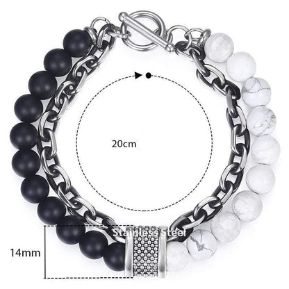 Tigerauge Armband, Edelstahl, 20cm, schwarze und weiße Perlen, Schmuck für Herren.