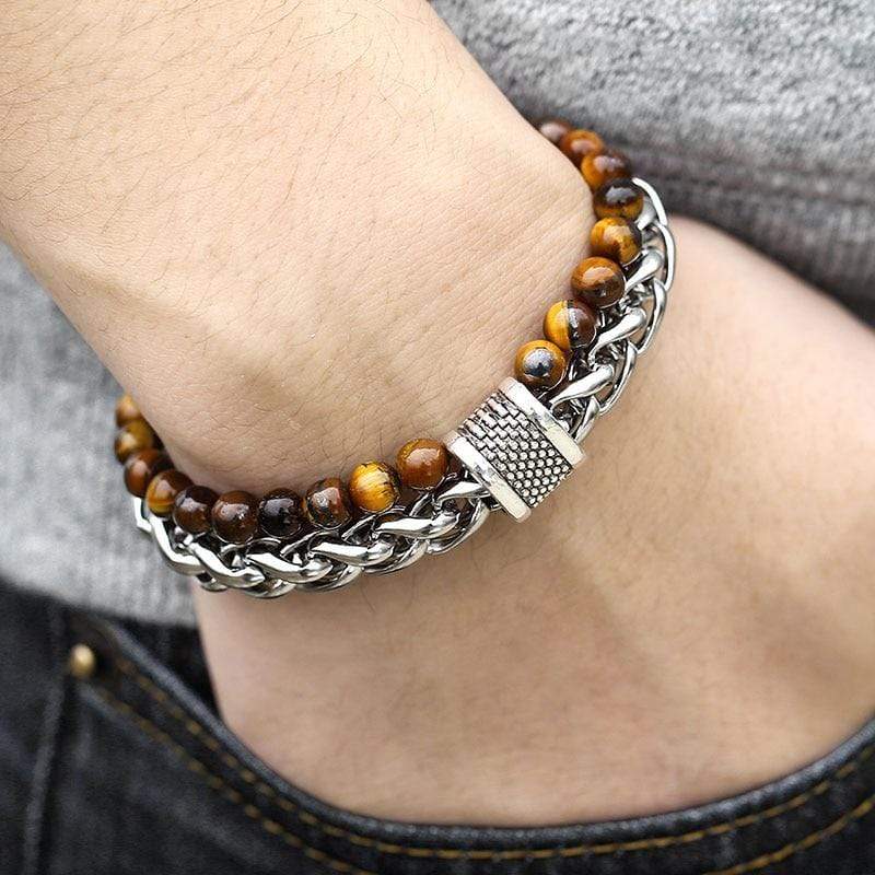 Tigerauge-Armband, 10 Zoll, braune Perlen, Edelstahl, modisches Herren-Schmuckstück.