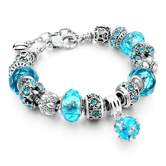 Silbernes Armband mit blauen Kristall-Charms, Ozean-Thema, Damen-Schmuck, Geschenkidee.