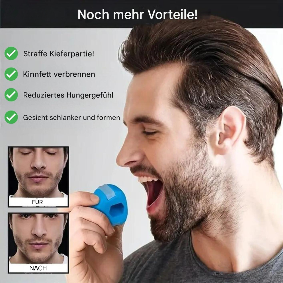 Mann mit Kiefertrainer, blaue Farbe, Kiefermuskulatur stärken, Gesicht straffen, Fitnessgerät