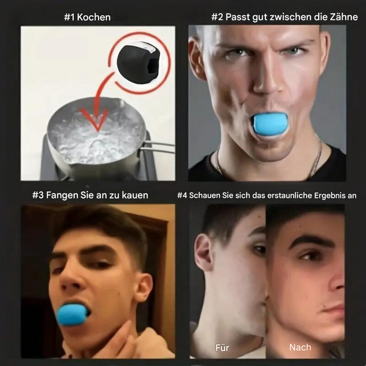 Männer verwenden blauen Kiefertrainer, um Gesichtsmuskeln zu stärken. Vorher-Nachher-Vergleich.