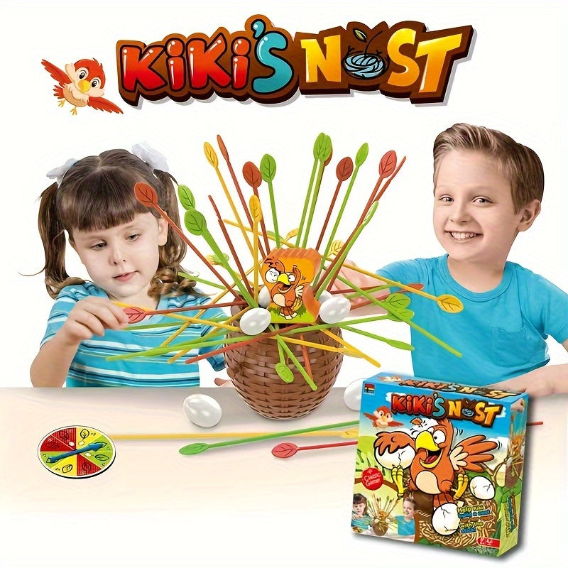 Kinder spielen Kiki's Nest Spiel, bunte Stäbchen, Geschicklichkeitsspiel, Spaß für Familie.