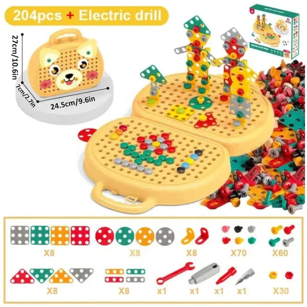 Gelbes Konstruktionsspielzeug-Set für Kinder, 204 Teile, mit elektrischem Bohrer, Tiermotiv.