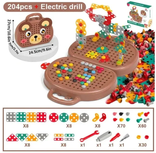 Bauset für Kinder, 204 Teile, elektrischer Bohrer, bunte Bausteine, Lernspielzeug, Tragetasche.