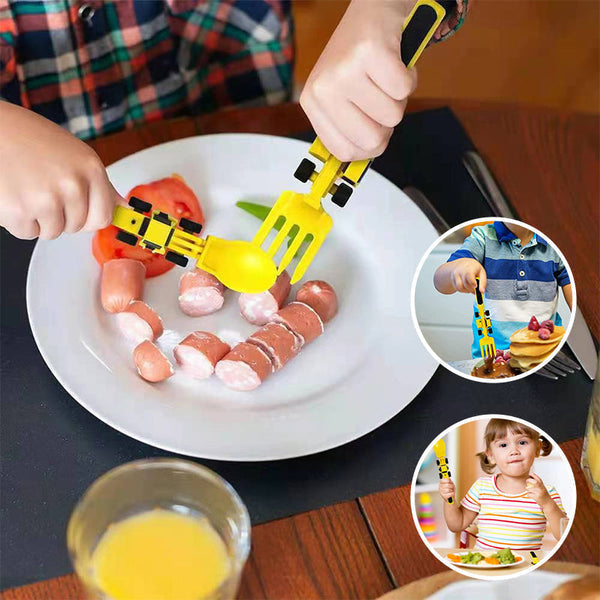 Kindergeschirr Set Bagger-Design, gelb, Kinderbesteck, Gabel und Löffel, Essenszeit Spaß