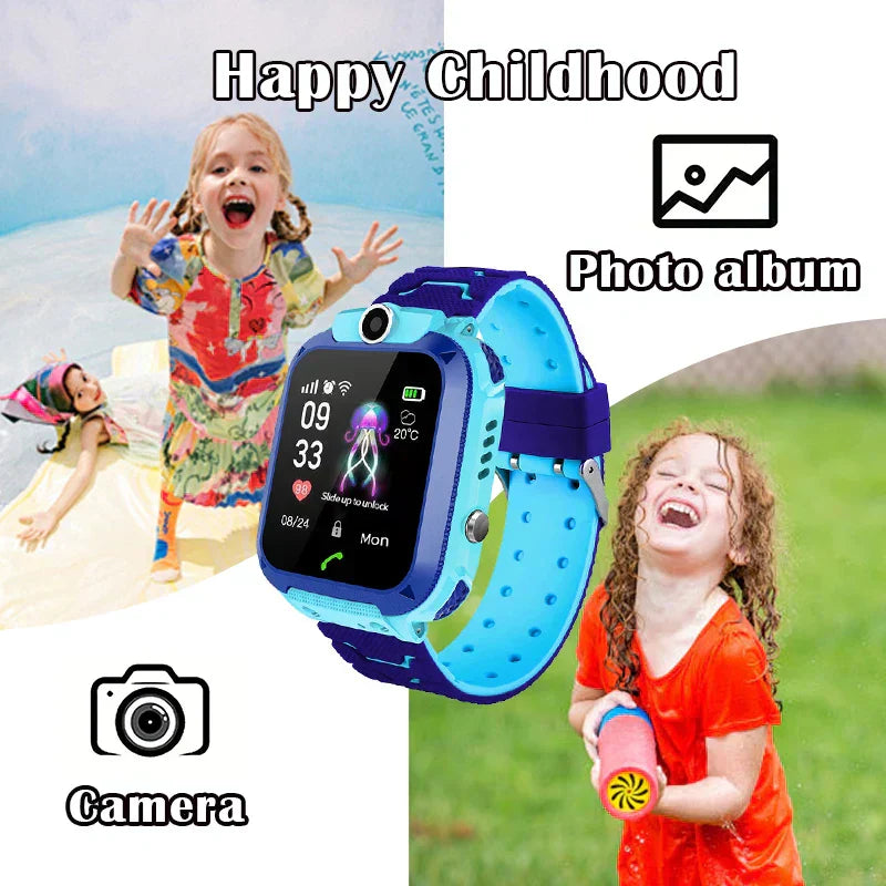 Blaue Kinder-GPS-Uhr mit Kamera, Echtzeit-Tracking, Telefonfunktion, wasserdicht.