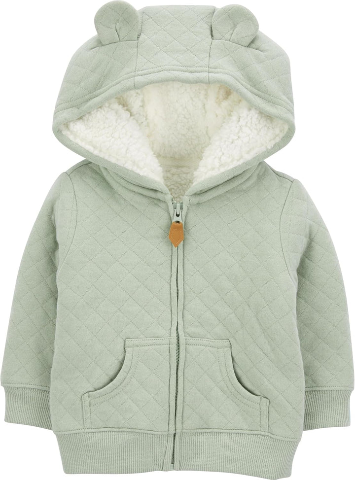 Grüne Baby-Kapuzenjacke mit Ohren, gesteppter Stoff, Reißverschluss, weiches Futter.