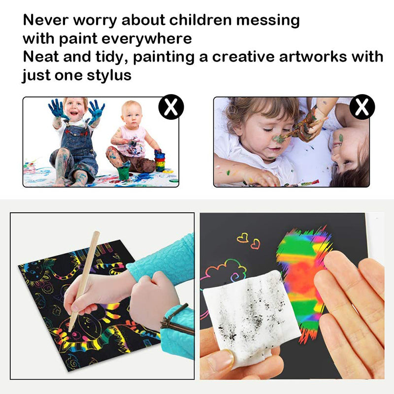 Kinder malen mit Kratzbildern, sauber und kreativ, ohne Unordnung, mit Stylus und Regenbogenfarben.