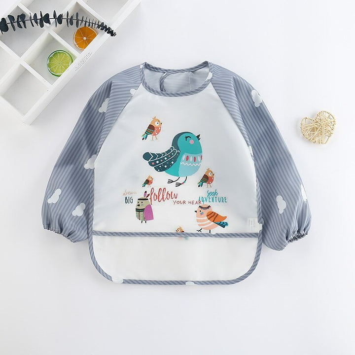 Baby-Lätzchen mit Ärmeln, Vogelmotiv, wasserdicht, grau-weiß gestreift, für Kleinkinder.