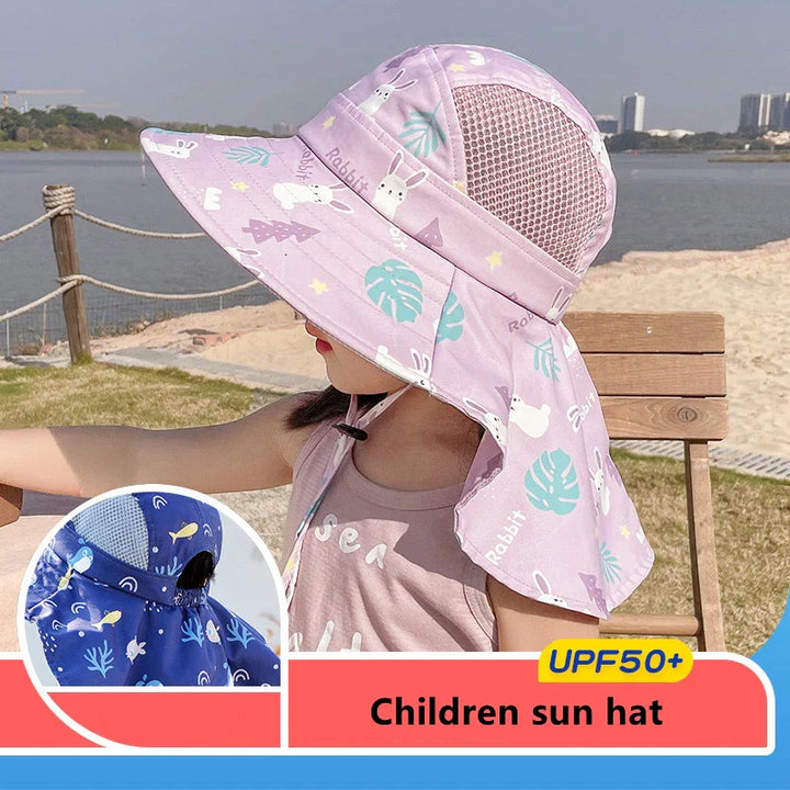 Kindersonnenhut lila mit UPF50+, Netzgewebe, Tiermuster, idealer Sonnenschutz für Kinder.