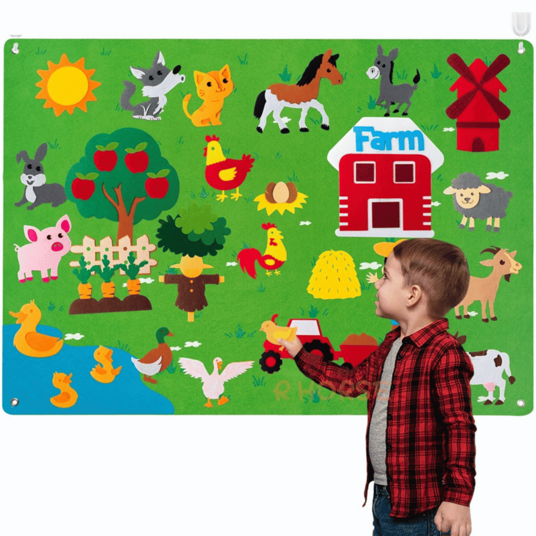 Kinderspielteppich Bauernhof mit Tieren, grün, pädagogisch, aus Filz, für Kinderzimmer.