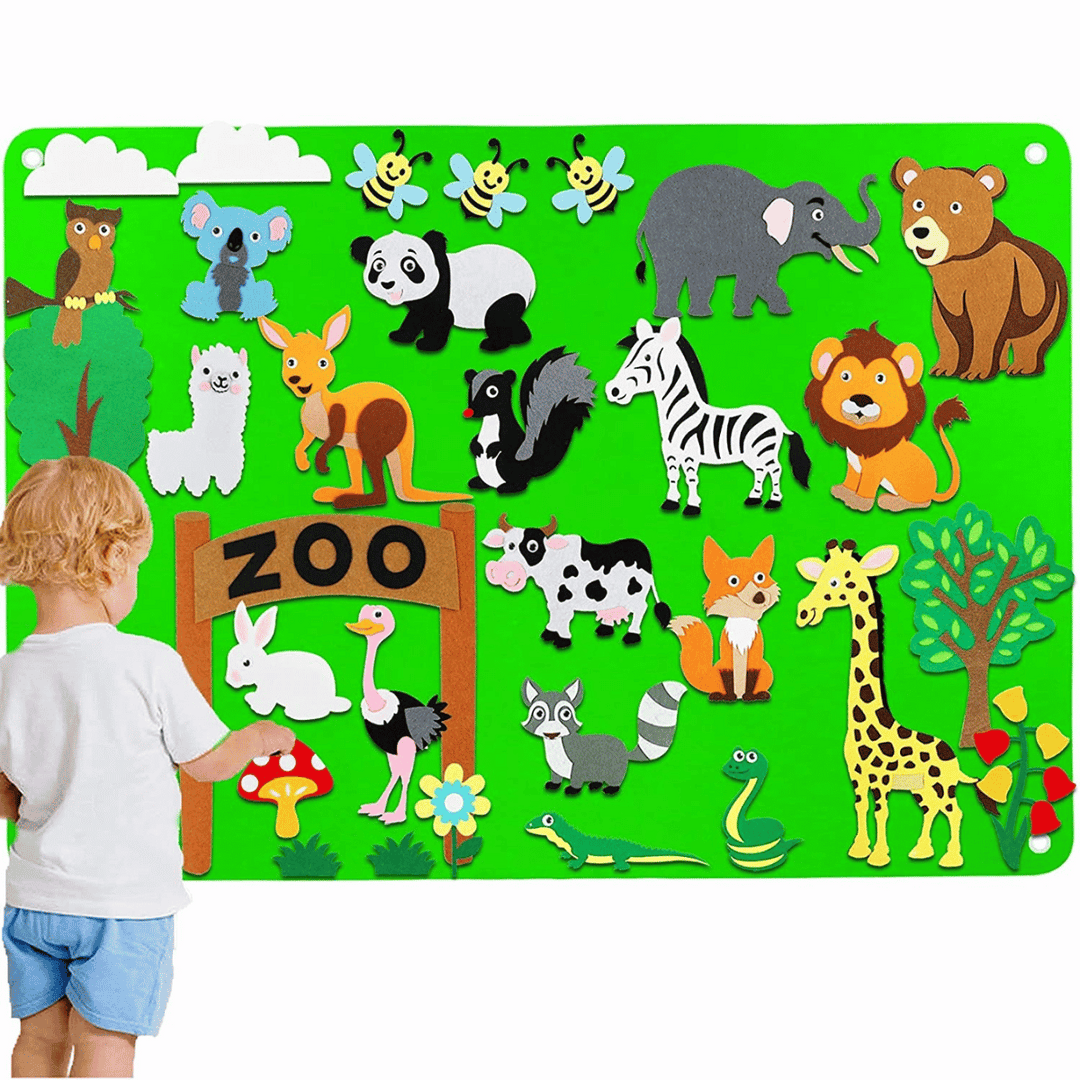 Kinderspielzeug Filzbrett mit Zoo-Tieren, grün, pädagogisch, interaktiv, für Kleinkinder.