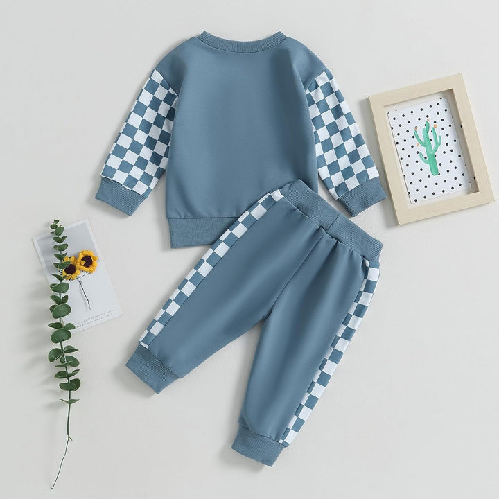 Blauer Kinder-Trainingsanzug mit Karomuster, Langarmshirt und Hose, Baumwolle.